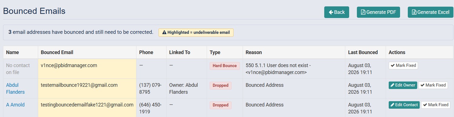 Retail Incident Manager bounced email cleanup tool showing bounce reason, linked record, and correction actions.