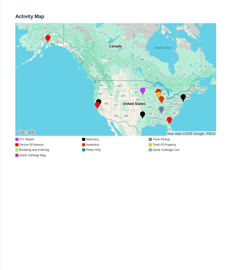 Retail Incident Manager PDF report page with activity map.