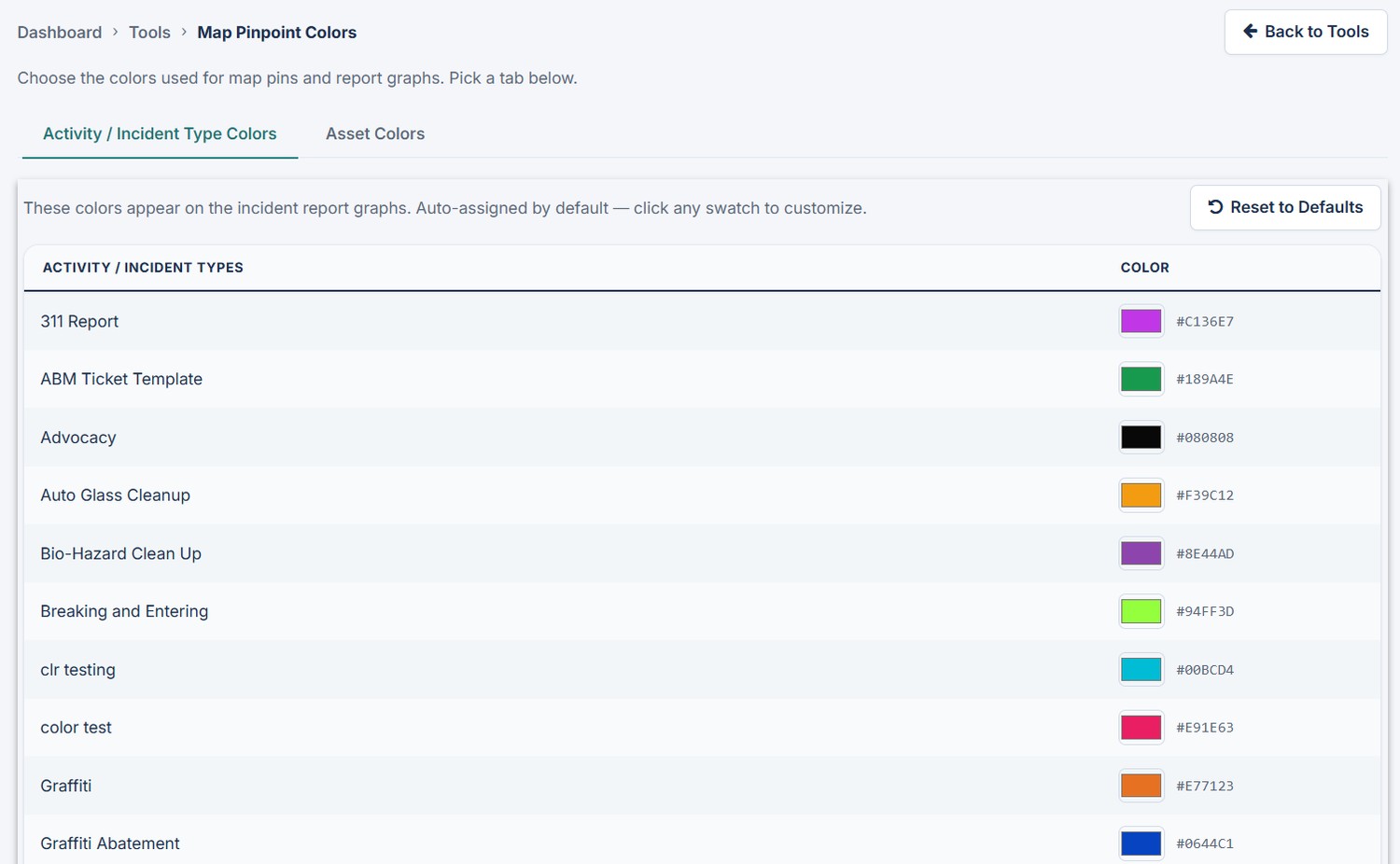 Retail Incident Manager tool for customizing incident and activity type colors.