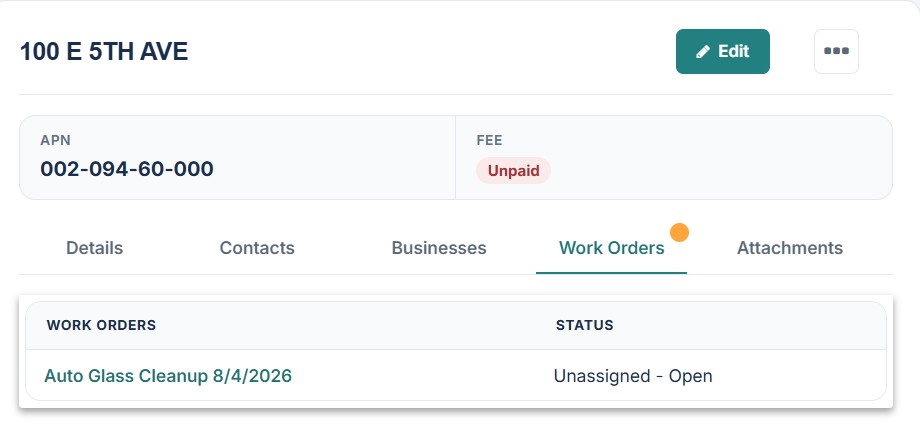 A property record in Retail Incident Manager displaying its associated work order and status.